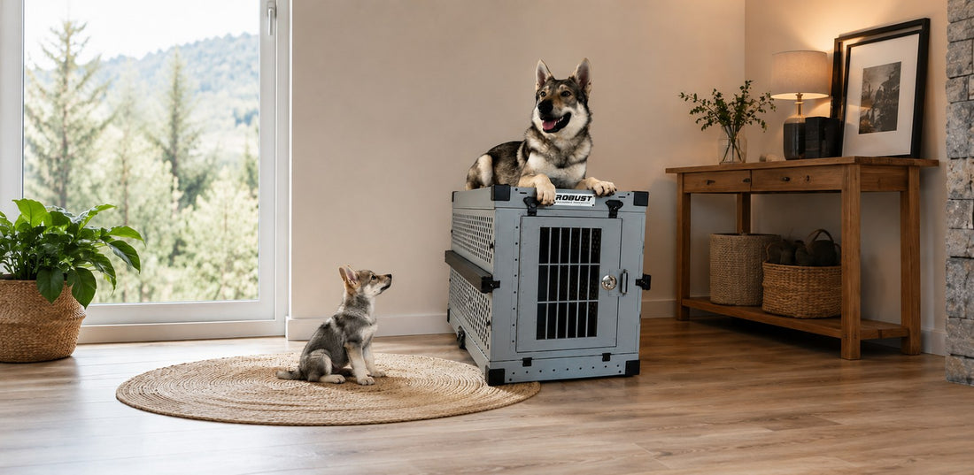 Puppy and adult dog of the same breed sitting beside a Robust crate in a living room