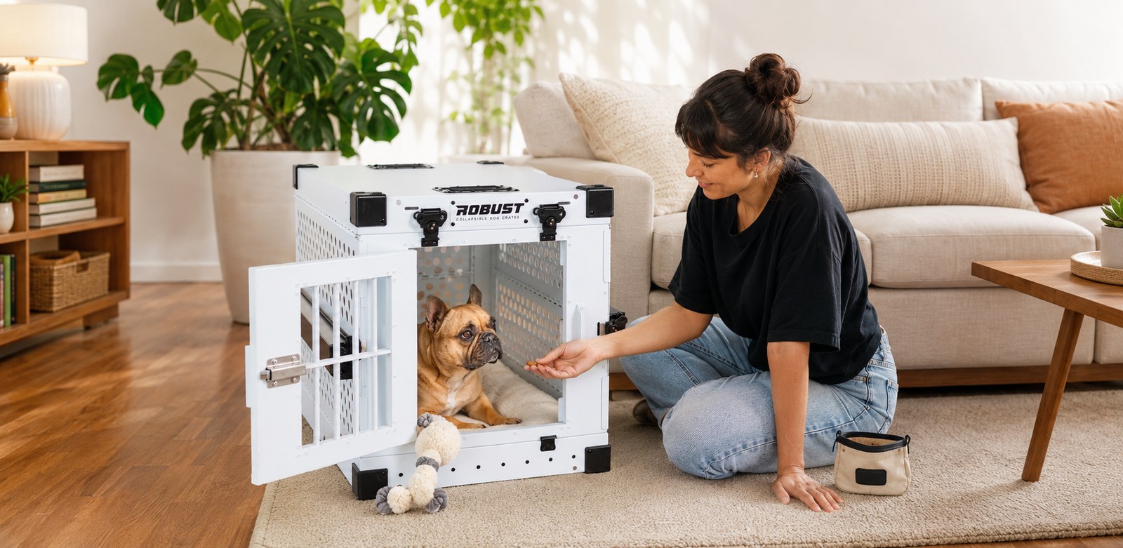 Woman giving her French bulldog a treat inside the Robust crate with the door open, in the living room