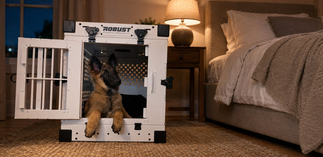 Puppy looking out of a Robust crate next to a bed in a dimly lit bedroom
