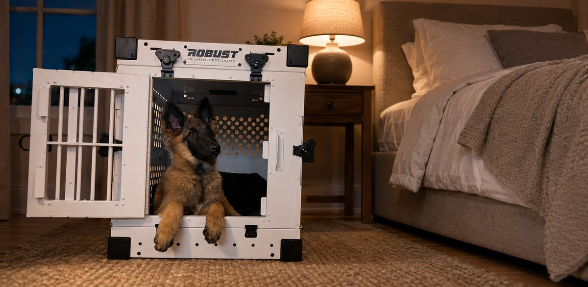 Puppy looking out of a Robust crate next to a bed in a dimly lit bedroom