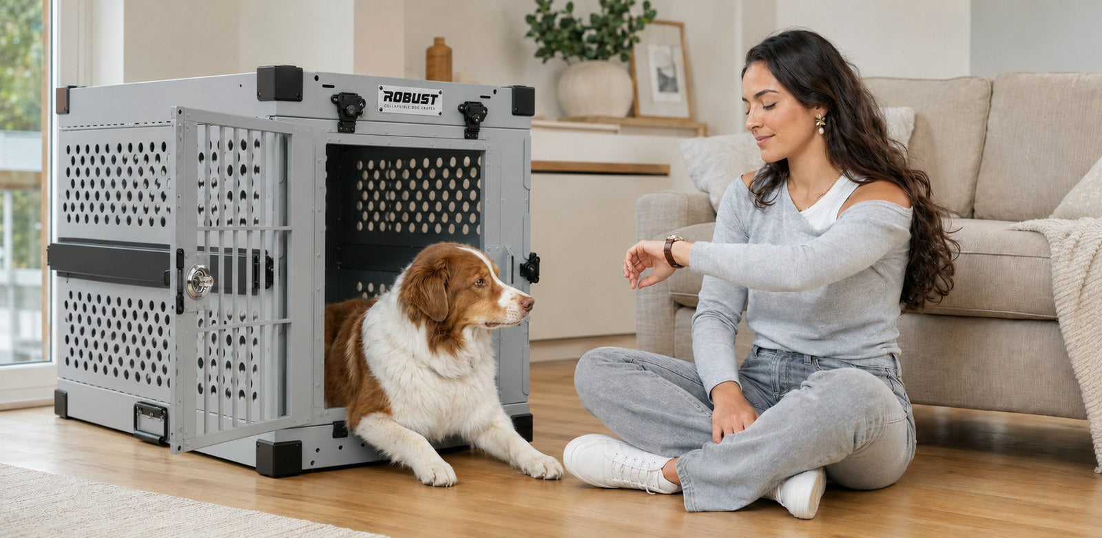 Woman checking her watch while her Australian shepherd rests in an open Robust crate in the living room