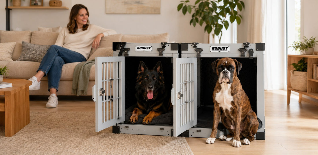 Two dogs relaxing in open Robust crates in a living room while their owner sits on the sofa