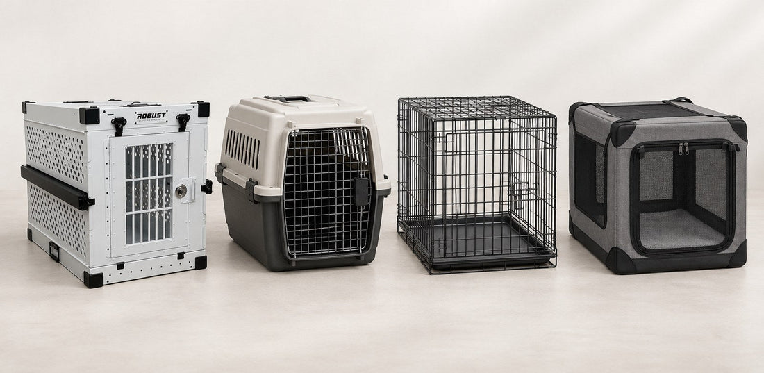 An aluminium crate, a rigid plastic carrier, a wire crate and a fabric crate for large dogs, side by side