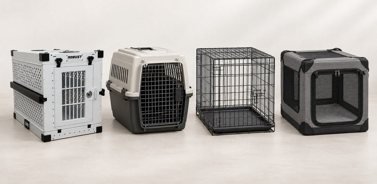 An aluminium crate, a rigid plastic carrier, a wire crate and a fabric crate for large dogs, side by side