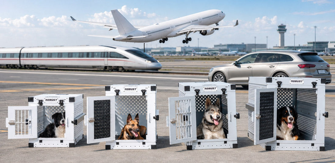 Four Robust aluminium dog crates with a plane taking off, a high-speed train and a car in the background