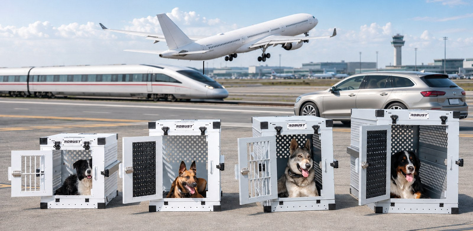 Four Robust aluminium dog crates with a plane taking off, a high-speed train and a car in the background