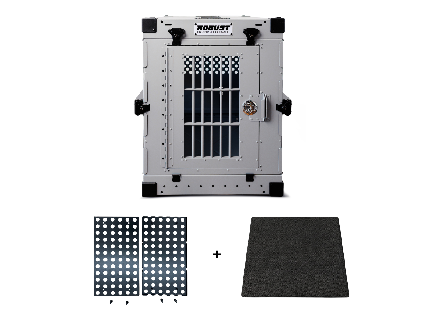 Robust Anxious Dogs Pack: grey collapsible dog crate, Anti-Stress Door and Comfort Mat.