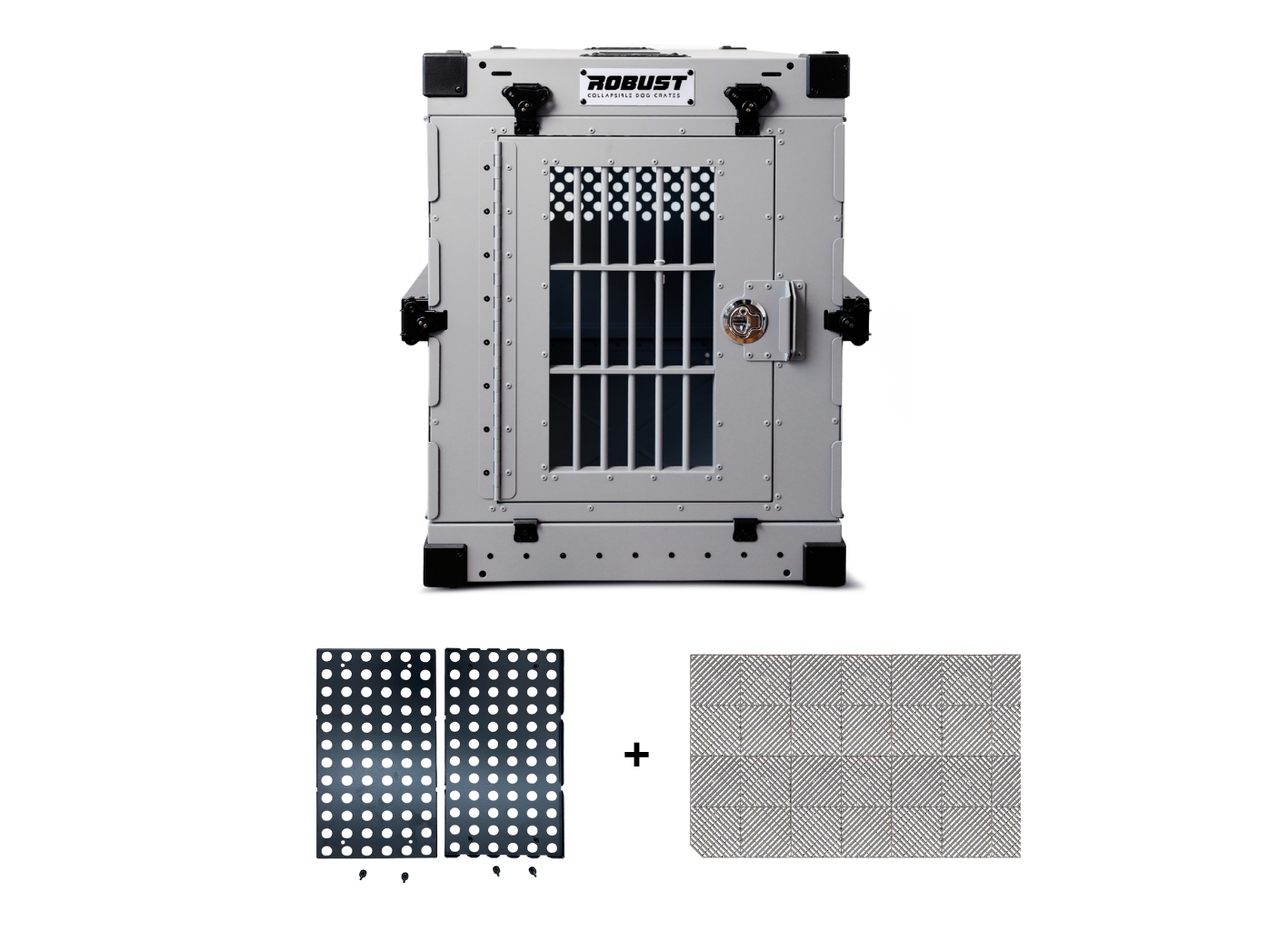Robust Trainer Pack: grey collapsible dog crate, Anti-Stress Door and DryFloor.