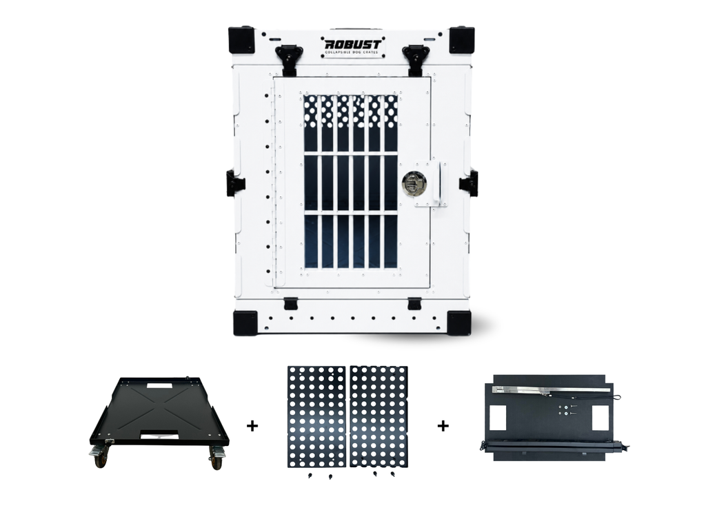 Robust Grooming Pack: white collapsible dog crate, Wheel Cart, DryFloor and Grooming Set.