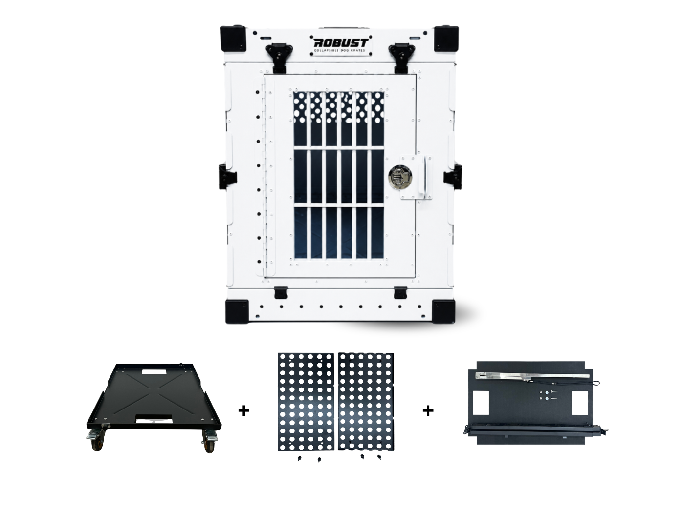 Robust Grooming Pack: white collapsible dog crate, Wheel Cart, DryFloor and Grooming Set.