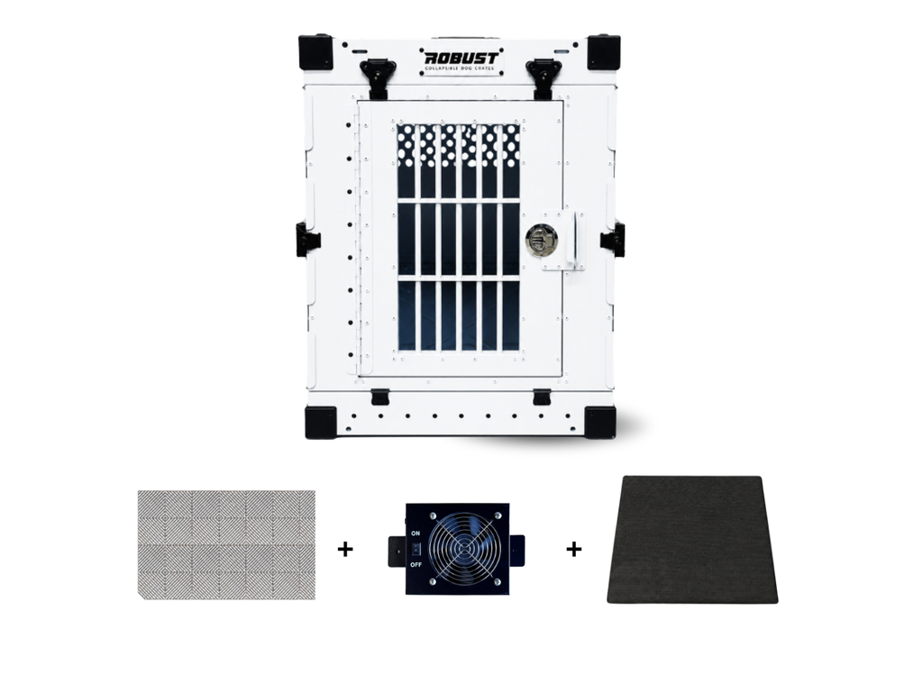 Robust Home Pack: white collapsible dog crate, DryFloor, crate fan and Comfort Mat.
