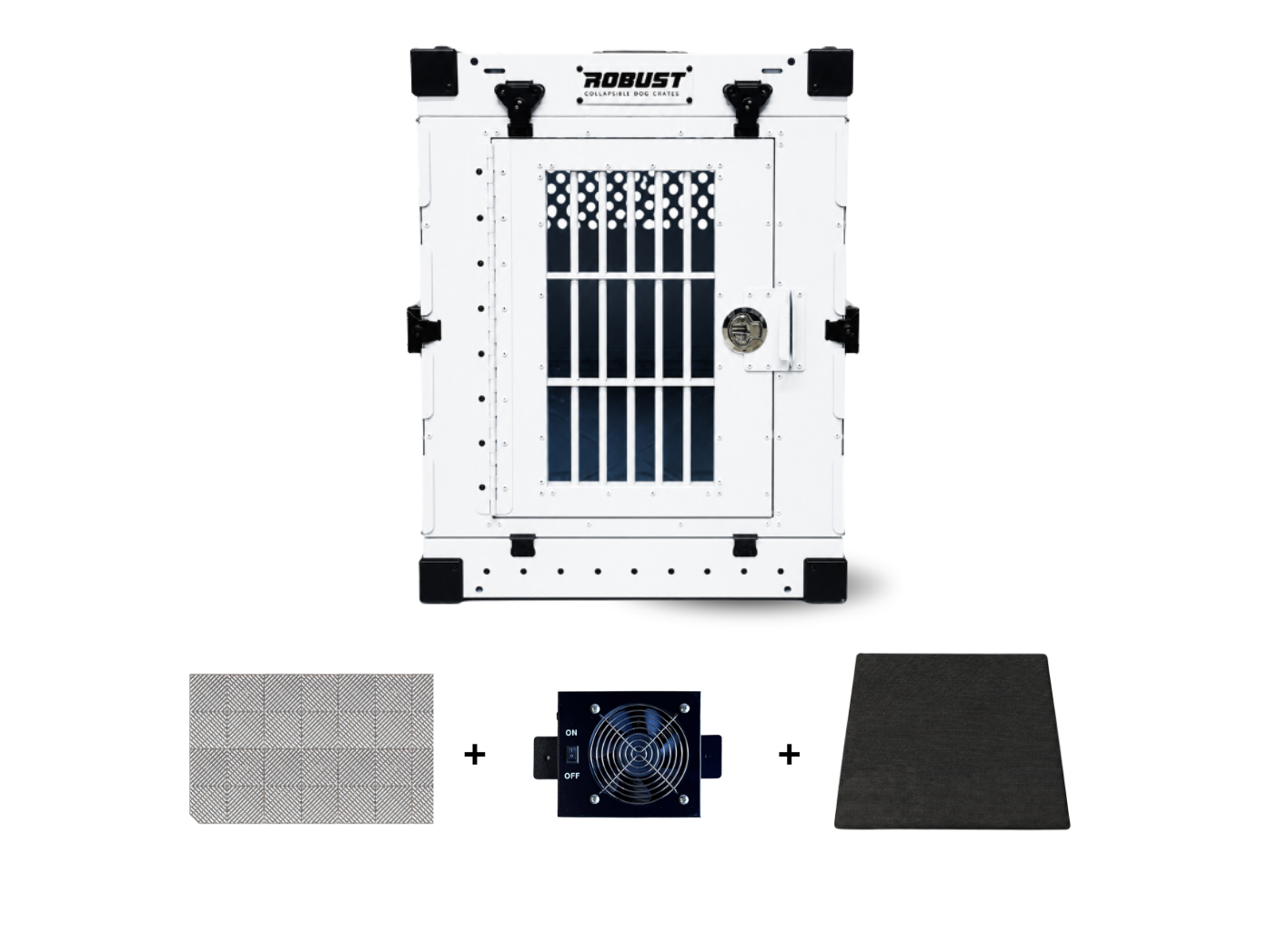 Robust Home Pack: white collapsible dog crate, DryFloor, crate fan and Comfort Mat.