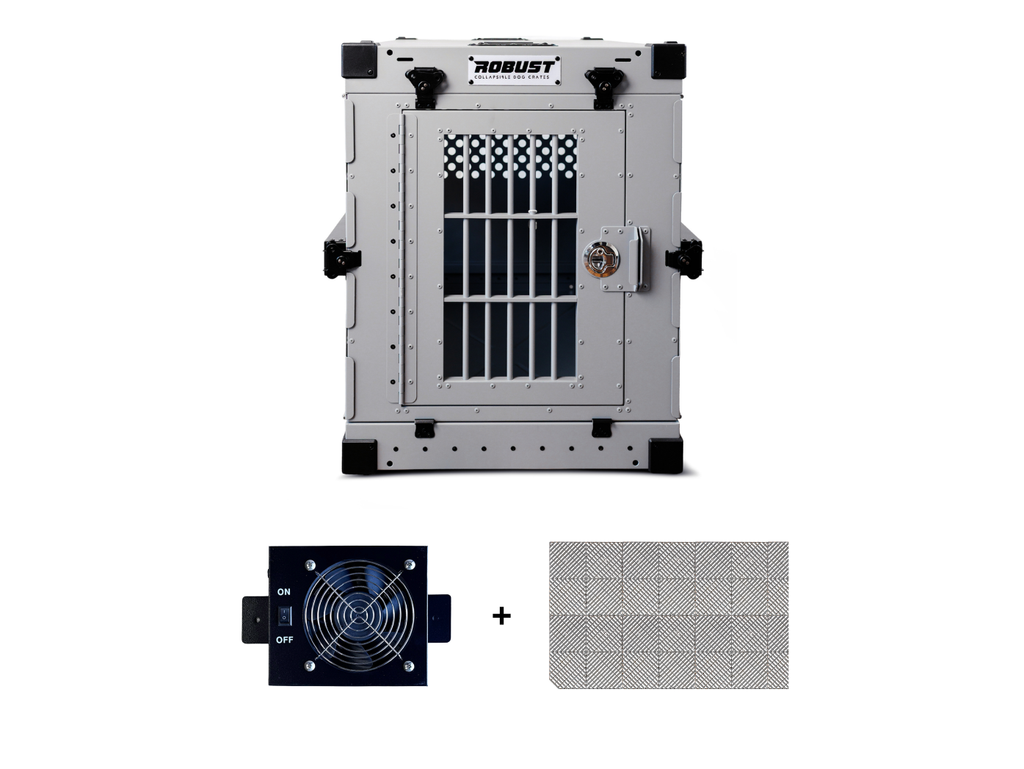 Robust Hunter Pack: grey collapsible dog crate, crate fan and DryFloor.