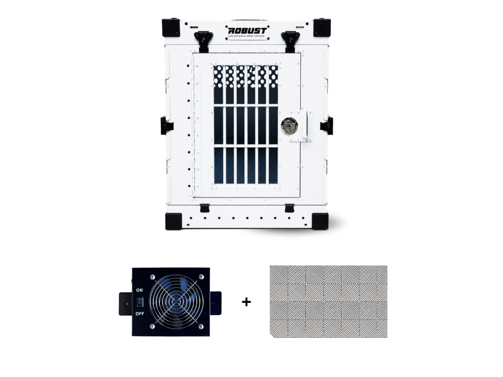 Robust Hunter Pack: white collapsible dog crate, crate fan and DryFloor.