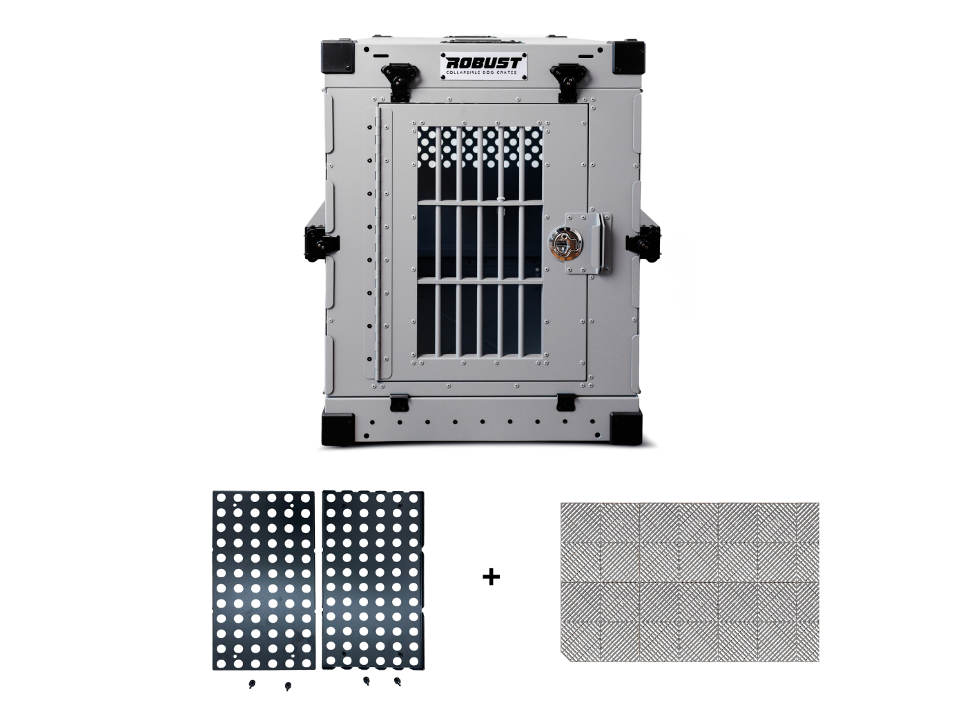 Robust Travel Pack: grey collapsible dog crate, Anti-Stress Door and DryFloor.