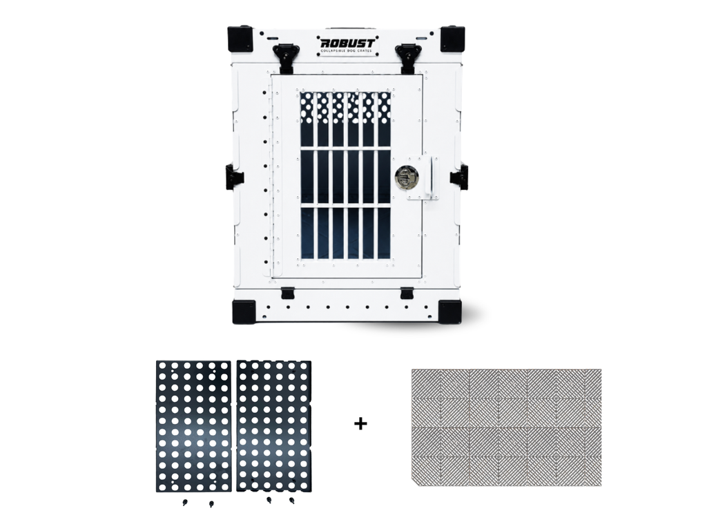 Robust Travel Pack: white collapsible dog crate, Anti-Stress Door and DryFloor.