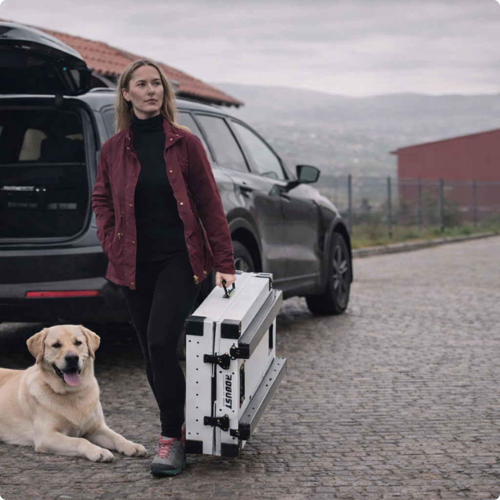 Woman carrying a folded Robust dog crate next to a car, with a Labrador.