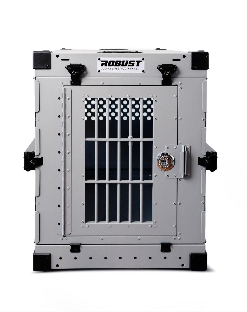 Front view of the grey Robust collapsible dog crate.