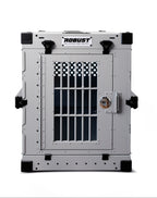 Front view of the grey Robust collapsible dog crate.