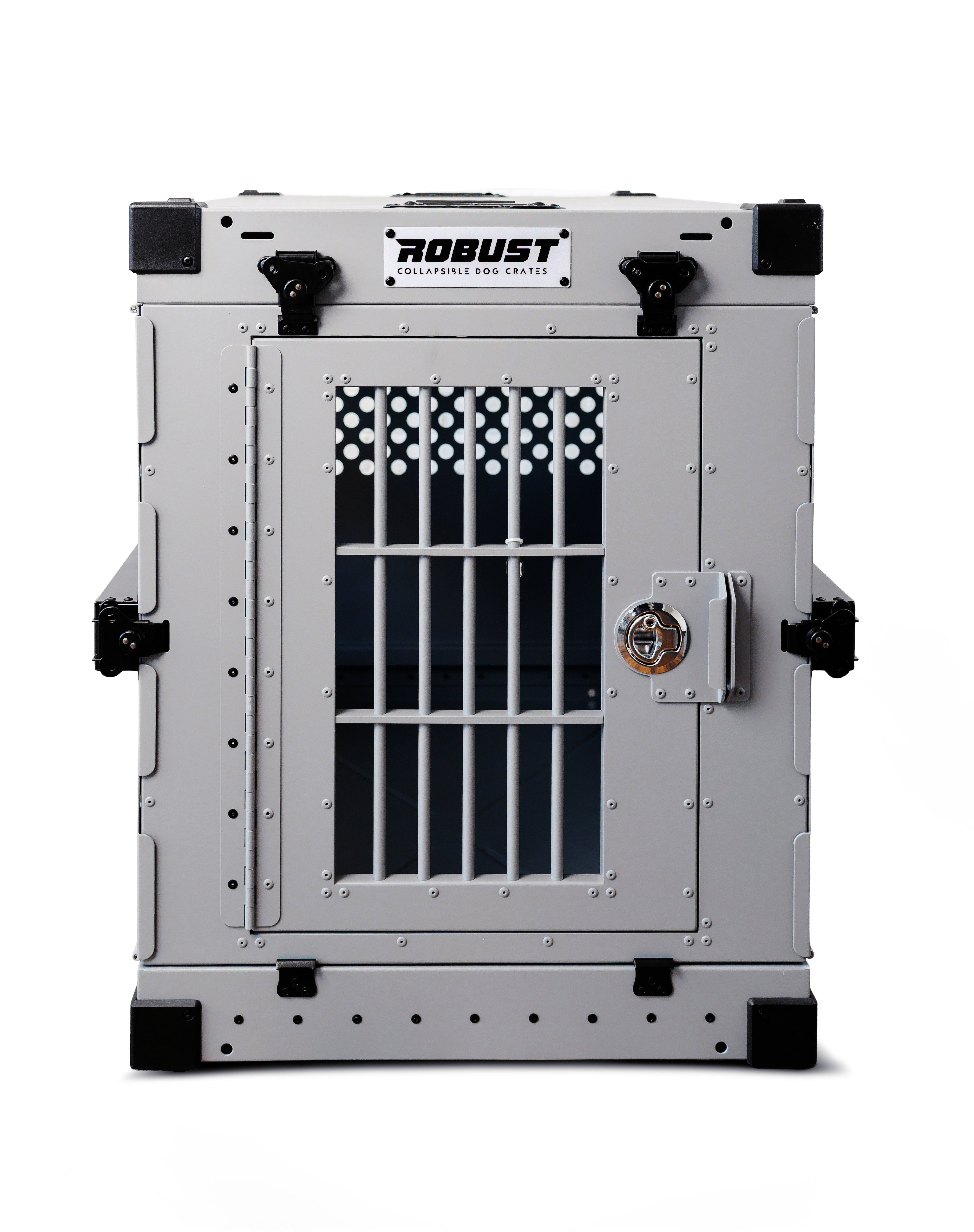 Front view of the grey Robust collapsible dog crate.