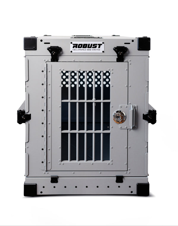 Front view of the grey Robust collapsible dog crate.