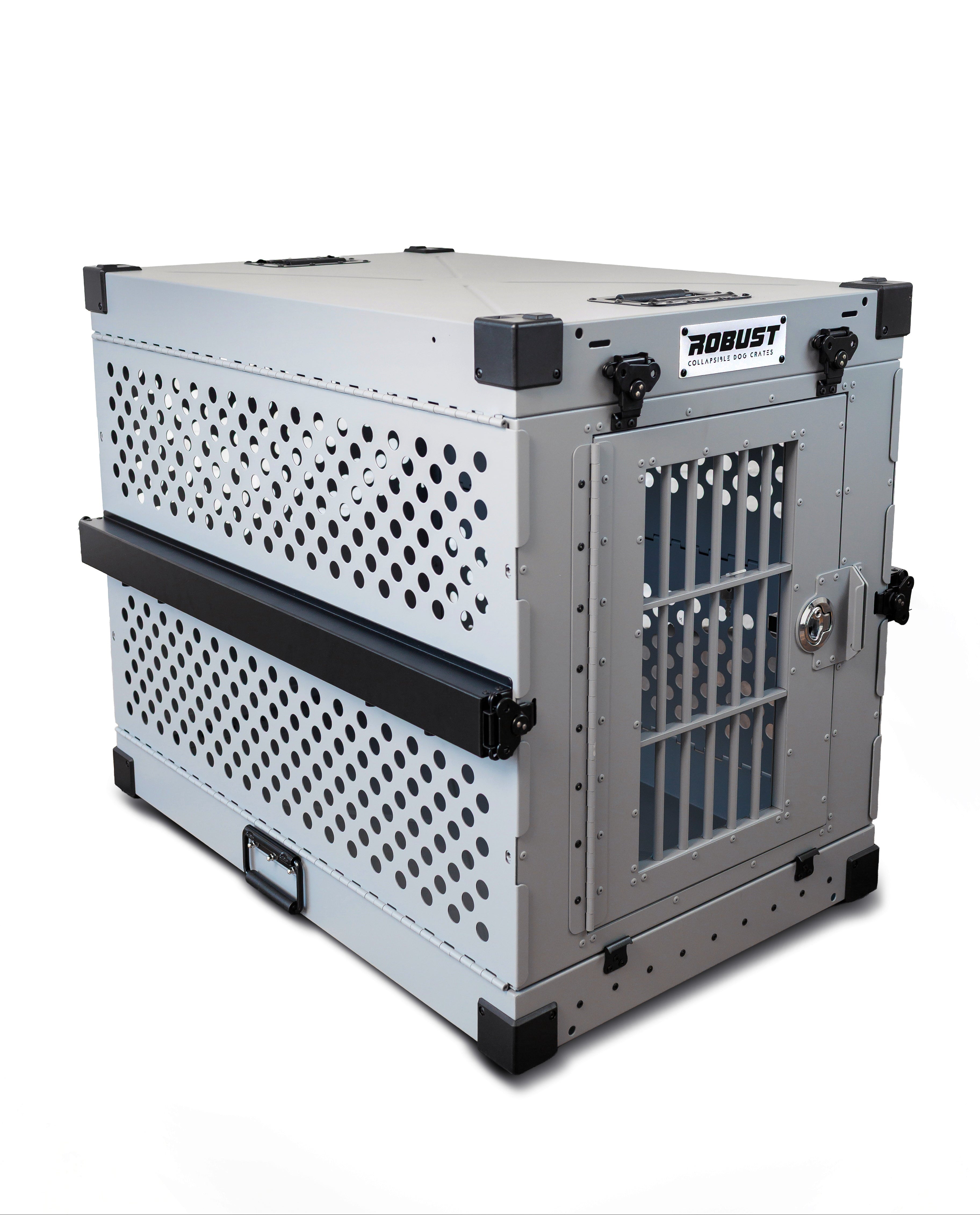 Three-quarter view of the grey Robust collapsible dog crate showing the ventilated side panels.