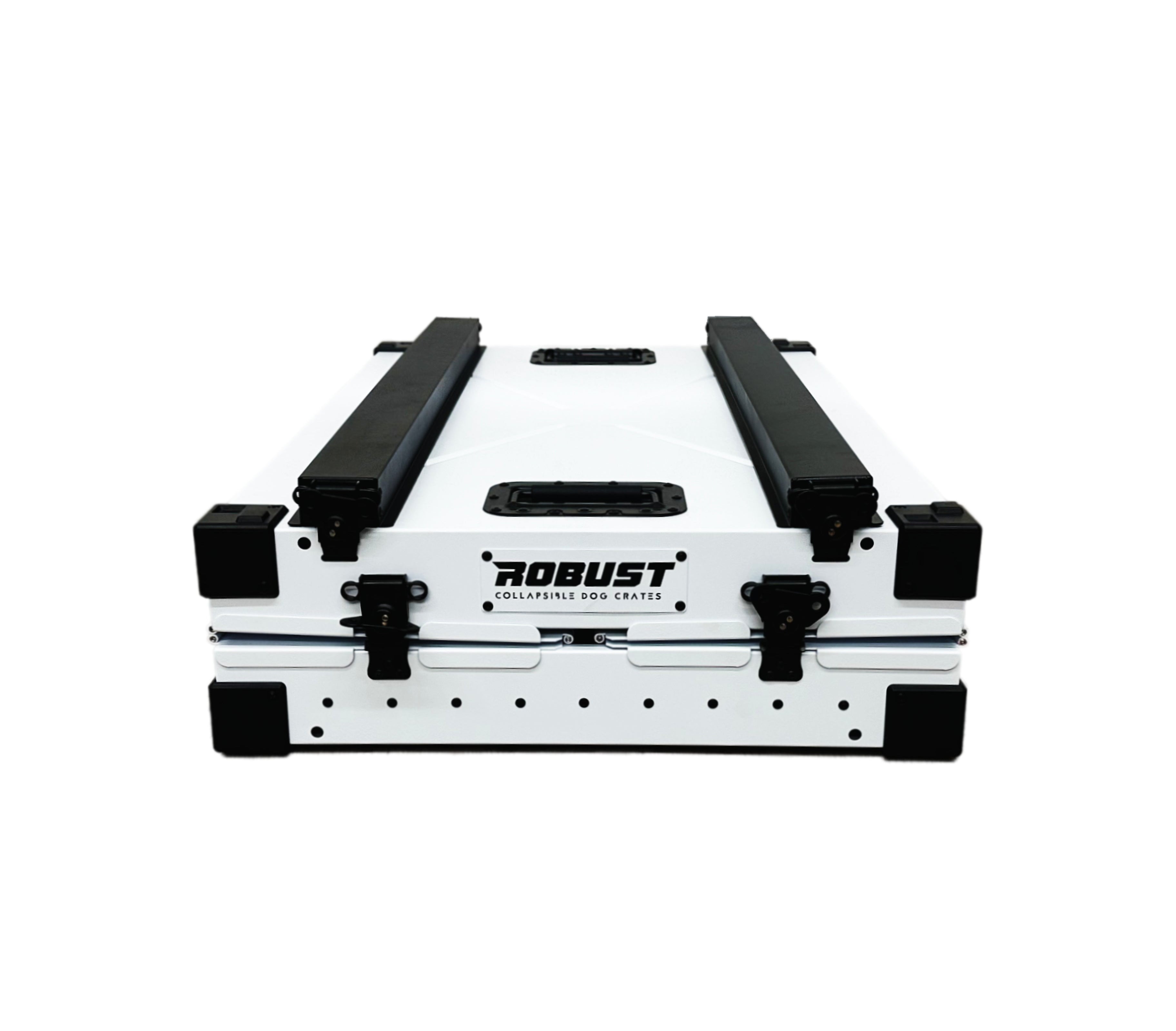 White Robust collapsible dog crate folded flat for transport and storage.
