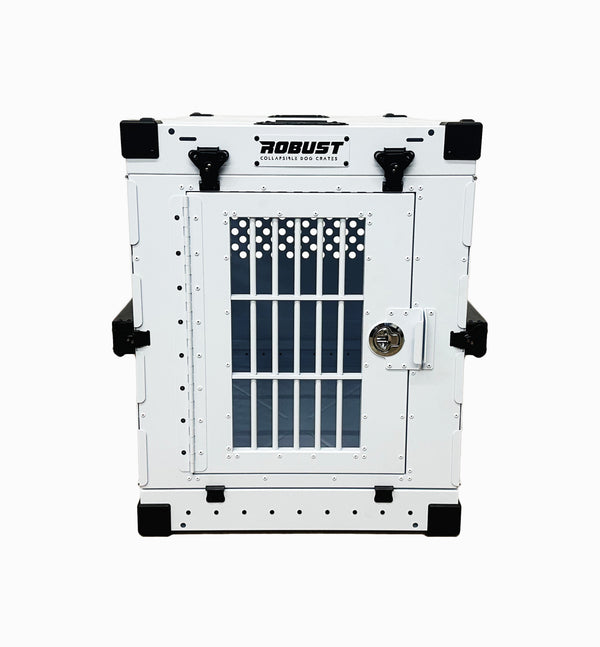 Front view of the white Robust collapsible dog crate