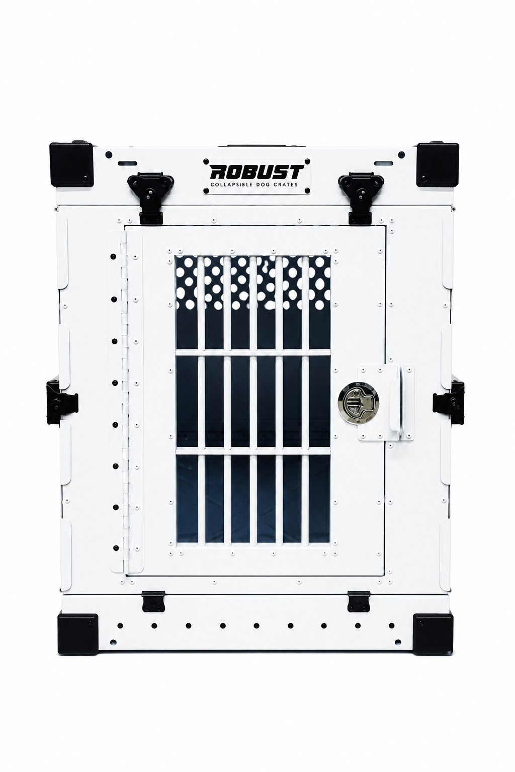 Front view of the white Robust collapsible aluminium dog crate.